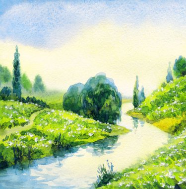 Suluboya manzara. Yaz tarlasında nehir