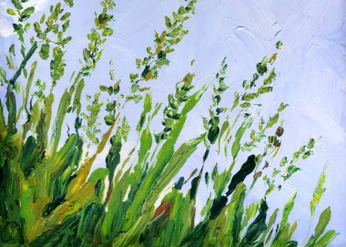 Yağlı boya. Çimlerin üzerinde mavi gökyüzü