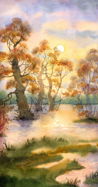 Watercolor landscape. Spring flooding river — Stock Photo, Image