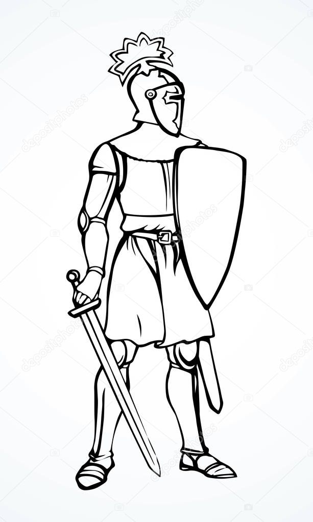 Brave aged noble roman king hero stand on white background. Outline black ink hand drawn past human strong centurion sign. Line steel broadsword saber blade force logo in art engraved cartoon style
