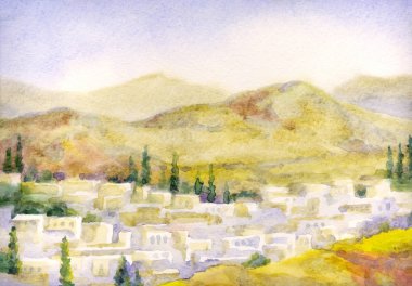 Suluboya manzara. Dağlar arasındaki vadide eski bir şehir