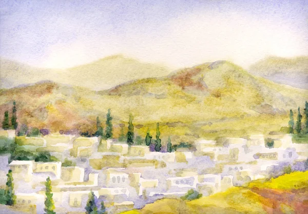 水彩画の風景。山の間の谷の旧市街 — ストック写真