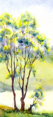 Suluboya manzara. Göl kenarındaki ağaçlar