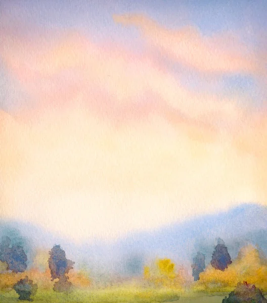 Paysage aquarelle. Coucher de soleil sur les montagnes — Photo