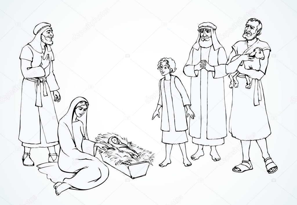 The shepherds came to bow to the newborn baby Jesus. Vector draw