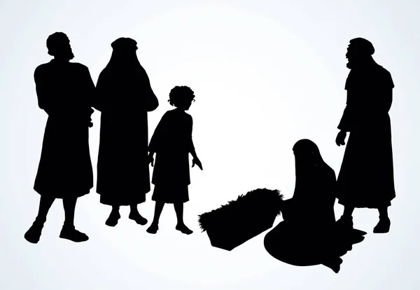 พวกผู้เลี้ยงแกะมาคุกเข่าต่อพระเยซูทารกแรกเกิด การวาดเวกเตอร์ — ภาพเวกเตอร์สต็อก