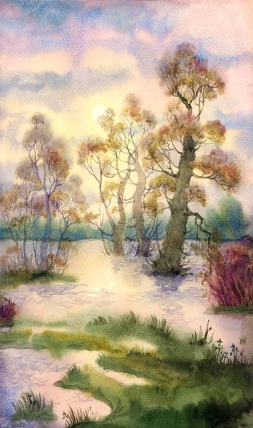 Watercolor landscape. Spring flooding river — Stock Photo, Image