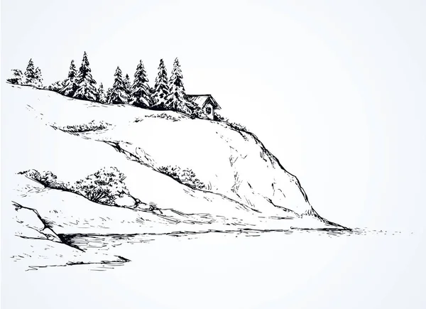 Des sapins sur une colline au-dessus de la rivière. Dessin vectoriel — Image vectorielle