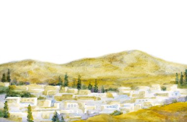 Suluboya manzara. Dağlar arasındaki vadide eski bir şehir