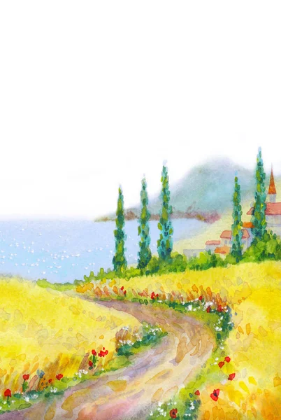 Akvarell landskap. Vägen till havet i ett vetefält — Stockfoto