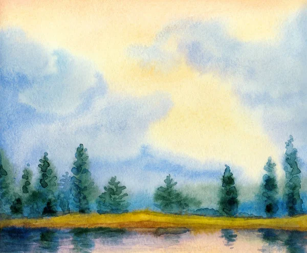 Watercolor landscape. Trees by the lake — Stock Photo, Image