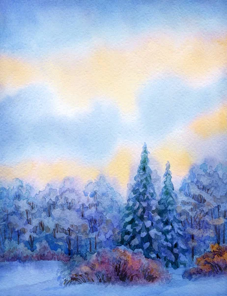 Aquarelle fond avec coucher de soleil calme sur la forêt d'hiver — Photo