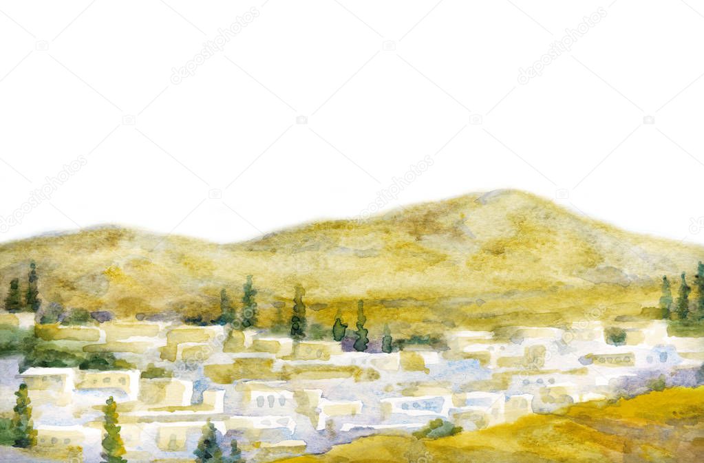 Watercolor landscape. Old city in a valley between the mountains