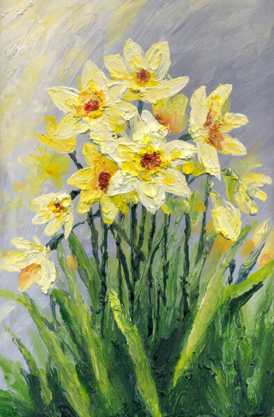 Oil painting. Yellow daffodils in the garden — Stock Photo, Image