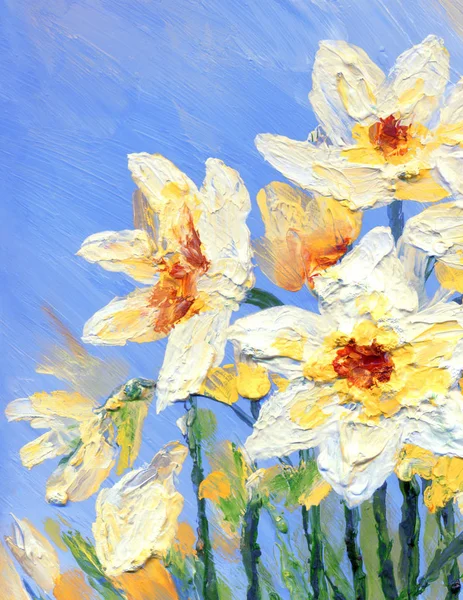 Pittura ad olio. Narcisi gialli in giardino — Foto Stock