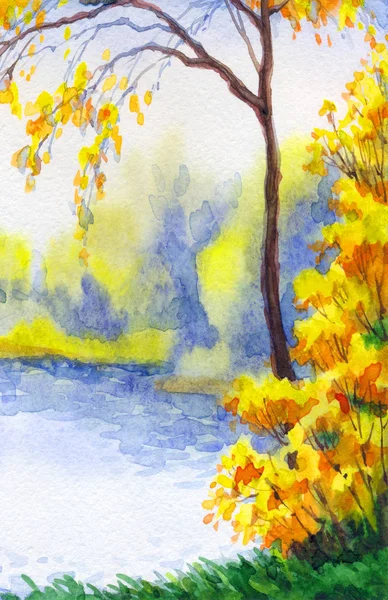 Paysage aquarelle. Lac dans la forêt d'automne — Photo