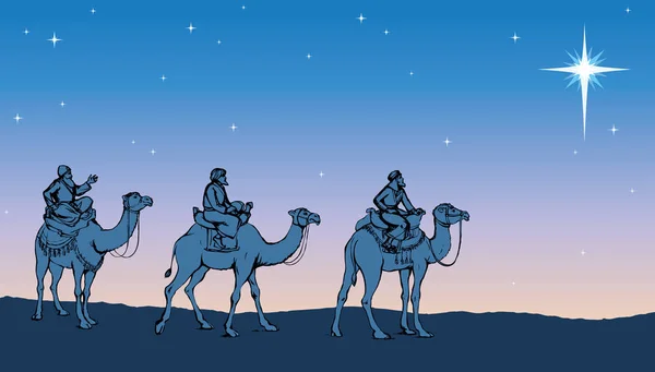 Tres reyes sabios siguiendo a la Estrella de Belén. Ilustración del vector — Vector de stock