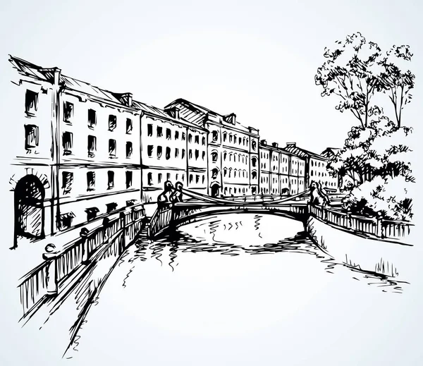 Le pont sur la rivière à Saint-Pétersbourg. Dessin vectoriel — Image vectorielle