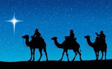 Üç Bilge Kral Bethlehem yıldızı takip. Vektör illustratio