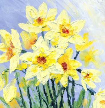 Yağlı boya. Bahçedeki sarı nergisler