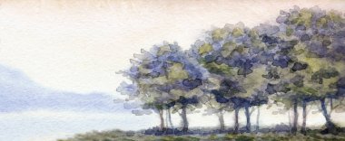 Suluboya manzara. Gölün üzerinde gün batımı