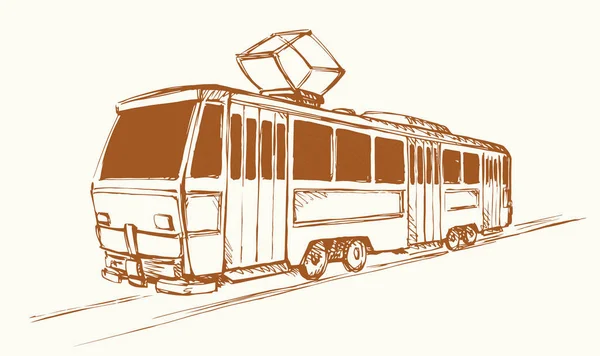 Tram rijdt op rails. Vectortekening — Stockvector