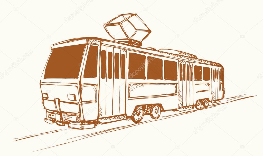 Tram rides on rails. Vector drawing