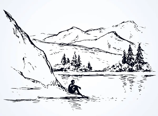 Jedle na kopci nad řekou. Vektorové kreslení — Stockový vektor
