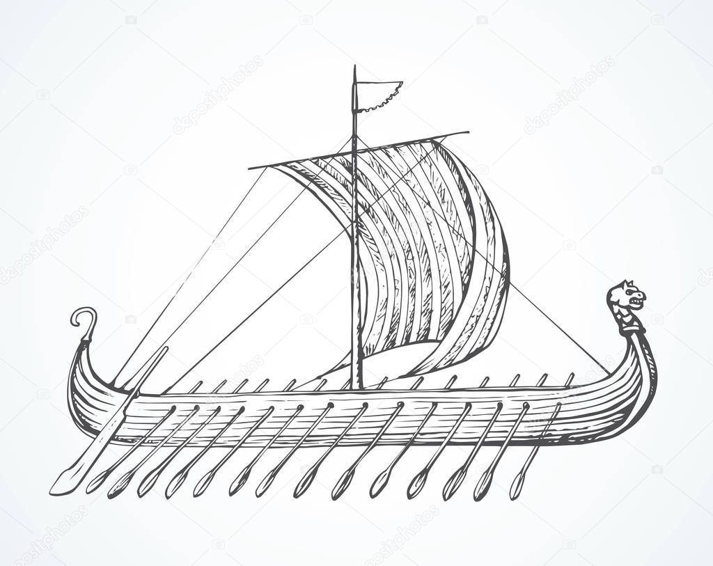 Ancient Viking ship. Vector drawing
