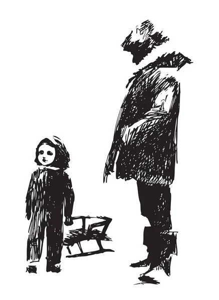 Boceto vectorial. Un padre y un niño caminando en una noche de invierno — Vector de stock