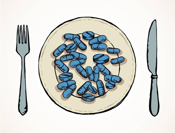 錠剤でいっぱいの皿ベクトル描画 — ストックベクタ