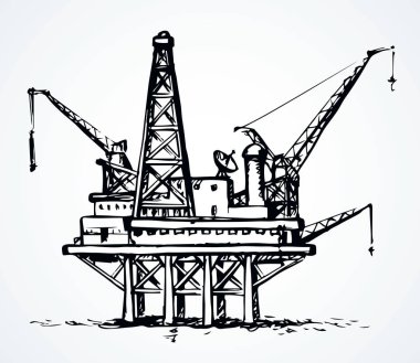 Offshore petrol platformu. Vektör mürekkep çizimi