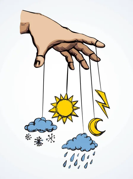 Hand with a puppet of nature. Vector drawing — Stock Vector