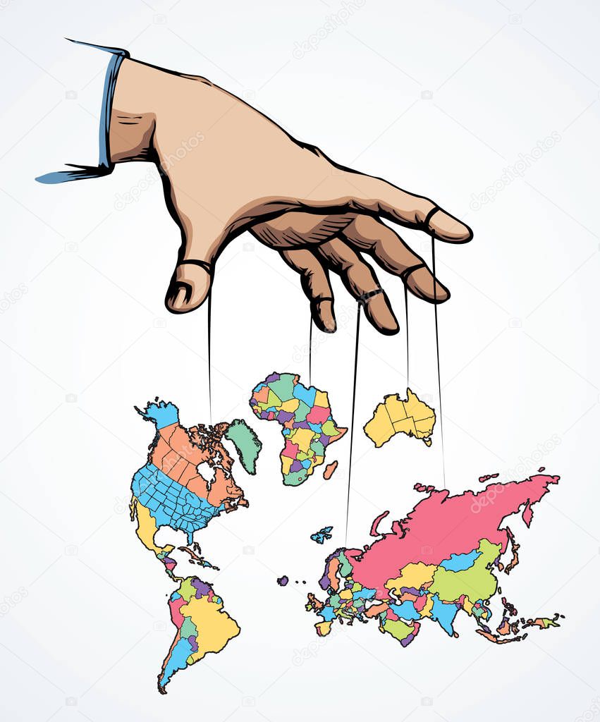 Man hand with a World map. Continents with contours of countries