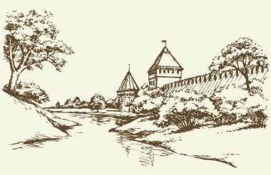 Nehir kenarındaki kale. Vektör çizimi