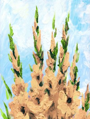 Yağlı boya. Bahçedeki kırmızı gladiolus