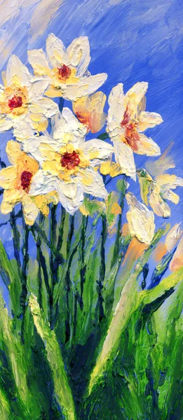 Oil painting. Yellow daffodils in the garden — Stock Photo, Image