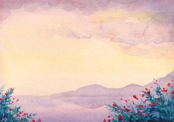 Akvarell landskap. Terrass med blommor vid havet — Stockfoto