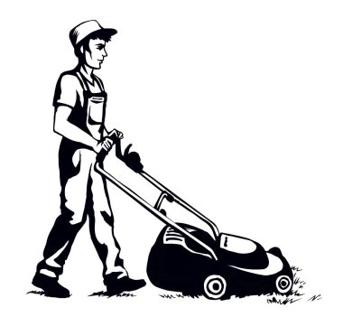 Adam çimenleri çimlerini biçiyor. Vektör çizimi