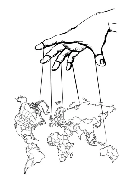 Mão de homem com um mapa do mundo. Continentes com contornos de países — Vetor de Stock