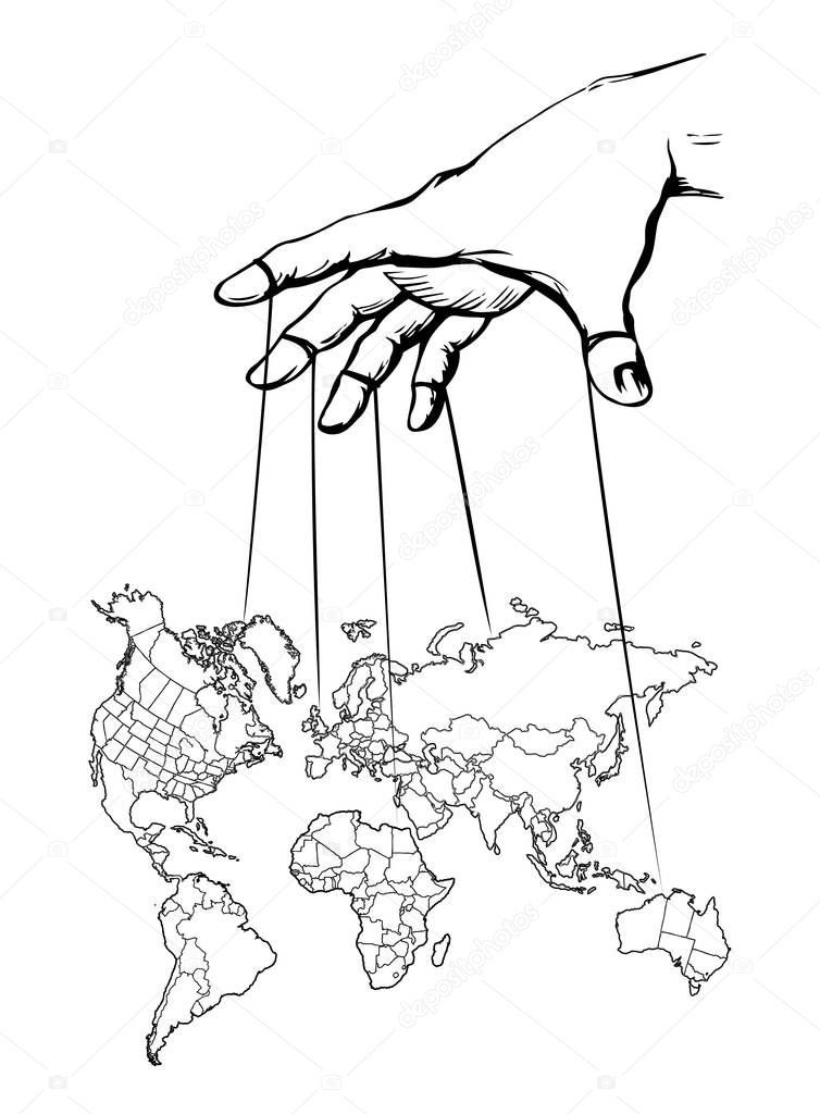 Man hand with a World map. Continents with contours of countries