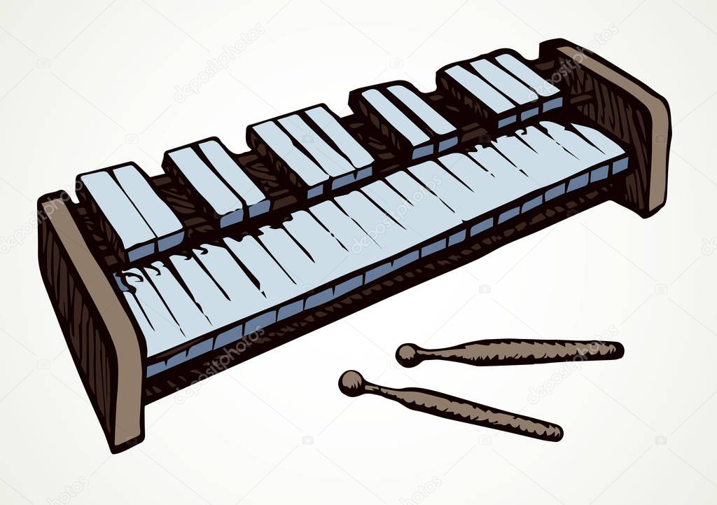 Closeup line view folk retro band hit key idiophone piano on white text space. Outline black ink hand drawn old baby kid tone balafon object logo pictogram emblem design sketch in vintage doodle style