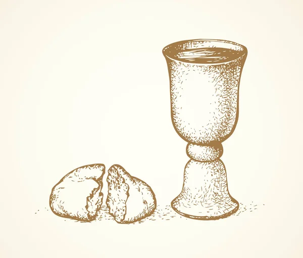 Vector symbols of Communion. Broken bread and wine in bowl — ストックベクタ