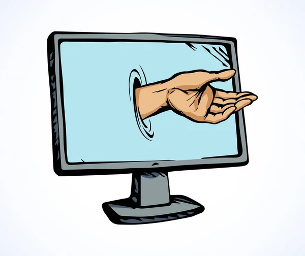 Computervirus. Hand aus dem Bildschirm. Vektorzeichnung — Stockvektor