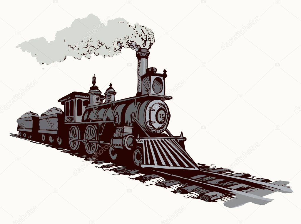 Diesel power moving engine isolated on white backdrop. Freehand outline brown ink hand drawn picture sketchy in art aged scribble style pen on paper. Side view with space for text on sky