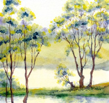Suluboya manzara. Göl kenarındaki ağaçlar