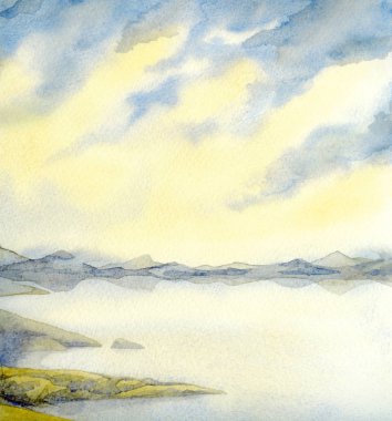 Suluboya manzara. Gölün üzerinde gökyüzünde bulutlar