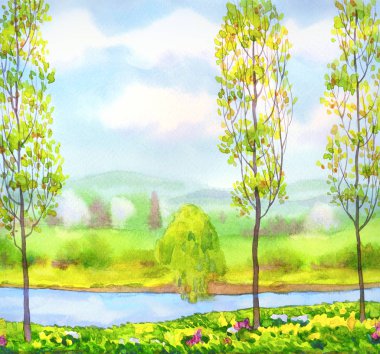 Genç kavak ağaçları Nehri üzerinde