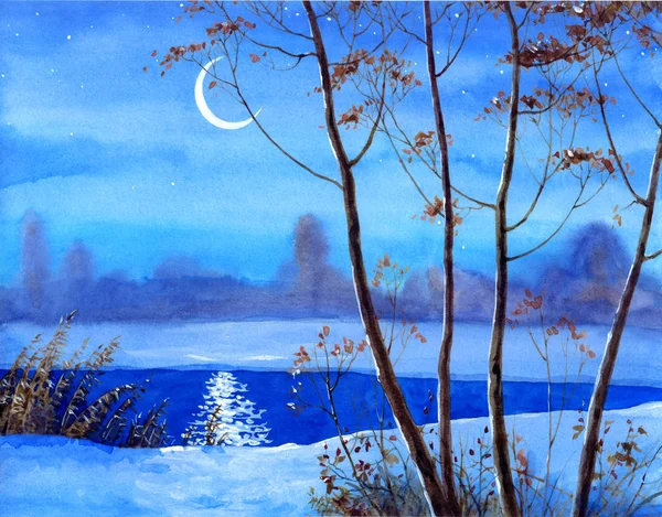 Půlměsíc nad zimní řekou. Akvarel — Stock fotografie