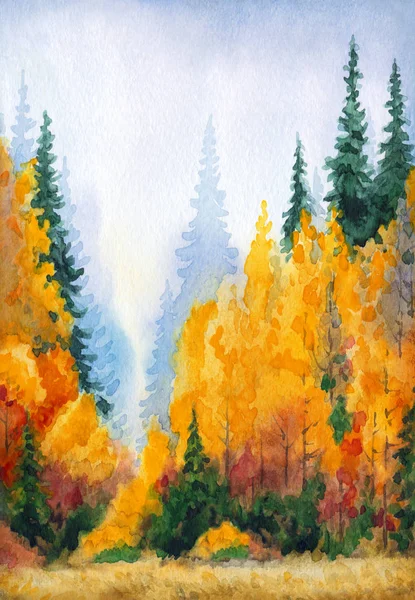 Akvarelllandskap. Vägen till höstskogen — Stockfoto